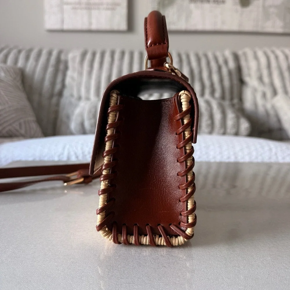 J.Crew Leather and Wicker Mini Satchel Crossbody Bag Brown Tan Whipstitch - Picture 2 of 7